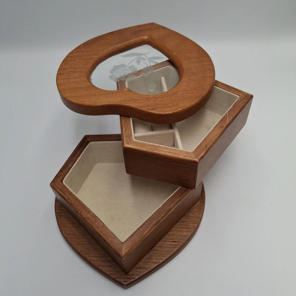 Vintage Jewelry Box Wood Heart Shaped Two Tier Swivel Glass Etched Floral Top
